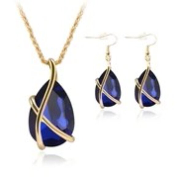 Fashion Jewelry Jewelry - Fashion Blue Teardrop Pendant Necklace & Earring Set - Alloy & Titanium Steel